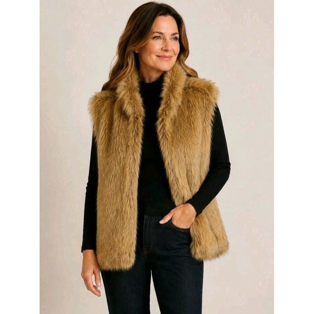 INC Faux Fur Vest M Tan Lined Vintage 90s Mob Wife Ski Hollywood Glam Layering
